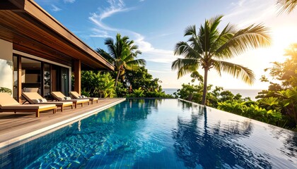 Luxurious Villa with Infinity Pool with Palm Trees  Ocean View, Tropical Paradise, and Sunny Day.
