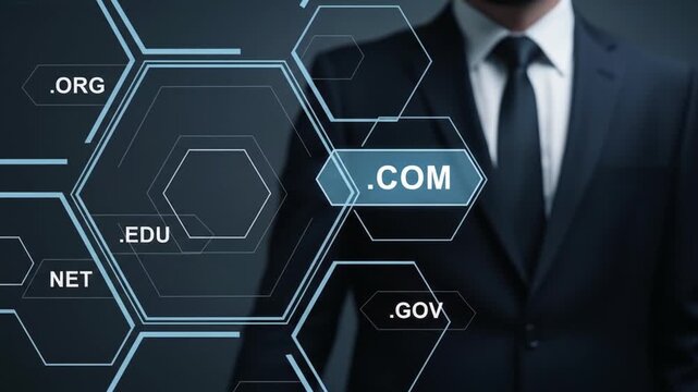Businessman in a suit selects the .COM domain from a futuristic holographic interface.