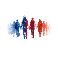 Abstract american flag figures holding hands in blue white and red on a black background