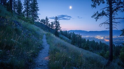 Peaceful mountain trail under crescent moon and stars