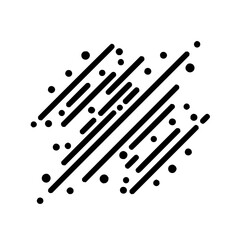 Abstract design featuring diagonal lines of varying lengths and scattered circular dots in black and white
