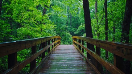 Fototapeta premium Forest footbridge surrounded by summer greenery