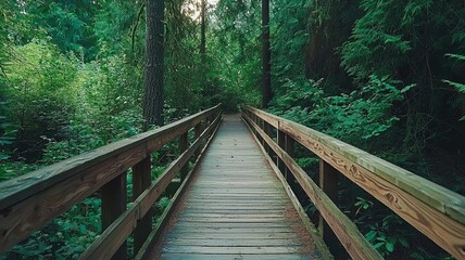 Fototapeta premium Boardwalk bridge in shaded tropical forest