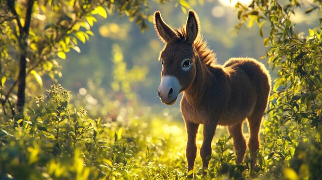 Forest path lit with sunshine and donkey high resolution picture