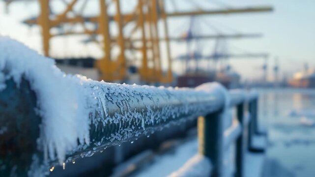 Frost-covered railing at a busy port during winter showcasing icy beauty and industrial landscape in early morning light