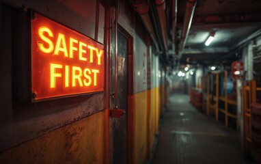 Illuminated "Safety First" sign in industrial hallway