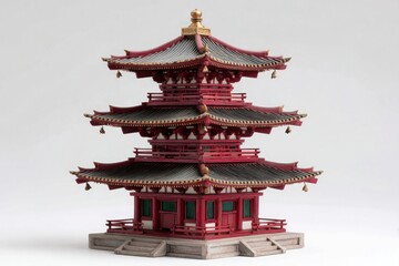 Fototapeta premium Intricate multi tiered japanese pagoda model with red and green details against a white background