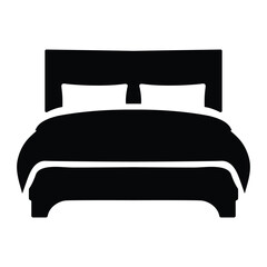 Double bed vector icon. Illustration of a double bed with headboard and two pillows in solid black color on a white background