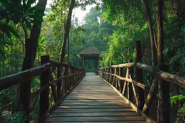 Obraz premium A wooden bridge leading to the forest, with lush green trees on both sides of it.