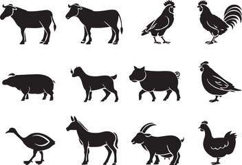 Naklejka premium Farm Animal Silhouette Icons Set Premium Vector Collection