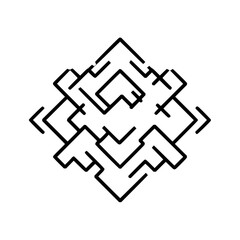 Abstract geometric design featuring interconnected angular lines forming a complex square pattern shape