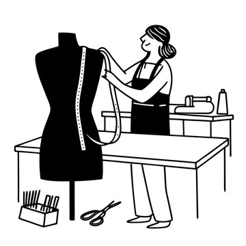 seamstress measuring dress form in workshop clip art preview