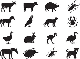 Naklejka premium Farm Animal Silhouette Icons Set Premium Vector Collection