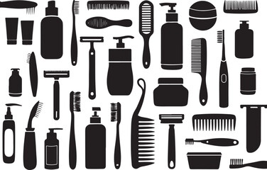 Obraz premium Toiletries Silhouette Set Featuring Grooming Tools for Daily Hygiene Routine