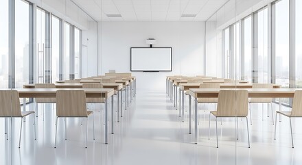 Bright, empty classroom with rows of desks and a large interactive whiteboard, bathed in natural light from expansive windows.