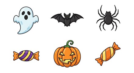 Obraz premium Halloween icons featuring ghost bat spider candy pumpkin illustration