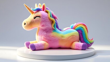 Fluffy rainbow unicorn plush toy sitting on a white pedestal