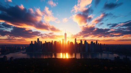 Naklejka premium Stunning cityscape sunset over a modern skyline with vibrant clouds and reflective river view