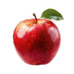 Close-up of a glossy red apple with a green leaf