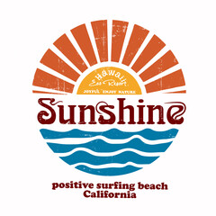 Sunshine graphic print design.  Sunset beach t-shirt. Beach wave artwork. women's summer print artwork. under sun  waves vector prints