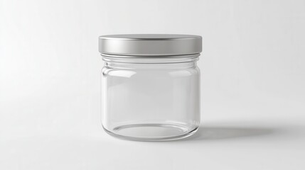 food jar packaging mockup, clean branding space, soft reflections on white background