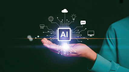 Hand holding AI technology concept, artificial intelligence