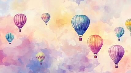 Fototapeta premium Vibrant hot air balloons flying over rainbow skies