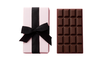 Top view of a chocolate bar and gift box with a black ribbon, a flat lay top view, a minimalistic composition, and a minimalist background.