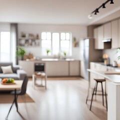 Fototapeta premium Blurry interior view showcases a bright, modern open-concept living space with natural light inflow.