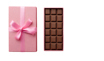 Top view of a chocolate bar and gift box with a pink color ribbon, a flat lay top view, a minimalistic composition, and a minimalist background.