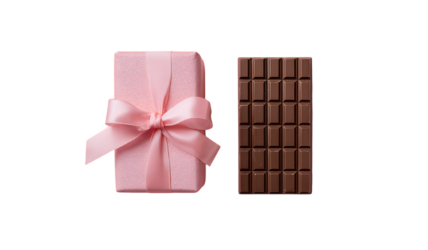 Top view of a chocolate bar and gift box with a pink color ribbon, a flat lay top view, a minimalistic composition, and a minimalist background.