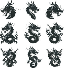 Silhouette dragon designs, various poses and with swords.