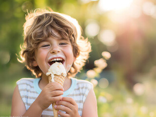 Cute little boy eating ice cream outdoors on a sunny day