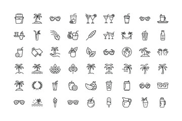 Collection of Summer and Tropical Themed Outline Icons on a White Background