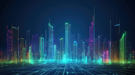 Fototapeta premium A high-tech abstract design with digital grids, circuit-like patterns, and glowing neon blue and green lines, evoking a futuristic tech landscape