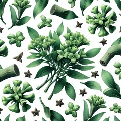 Elegant botanical arrangement featuring green flowers, leaves, and star anise on white background.