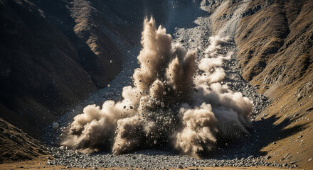 Dynamic explosion on a rocky mountain slope, blasting stone and creating a dramatic cloud of dust and debris