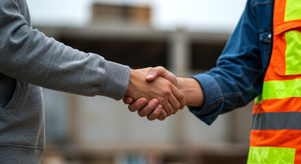A firm handshake between two individuals, one wearing a reflective safety vest, signifies agreement and collaboration on a construction project.
