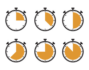 Stopwatch Timer Icon Set Showing Progress Segments in Flat Vector Style for UI and Infographics