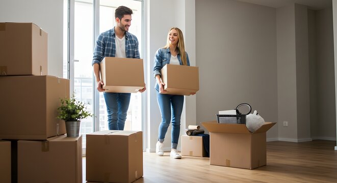 Young couple smiling and holding a cardboard box as they move into their new home together