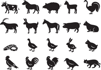 Naklejka premium Farm Animal Silhouette Icons Set Premium Vector Collection
