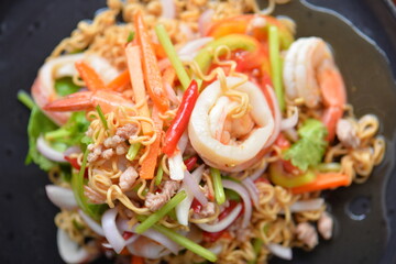 Spicy stir squid and  shrimp with vegetables
