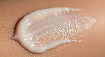 Close-up of a white, creamy lotion or moisturizer swatch spread on human skin, showing texture and sheen.