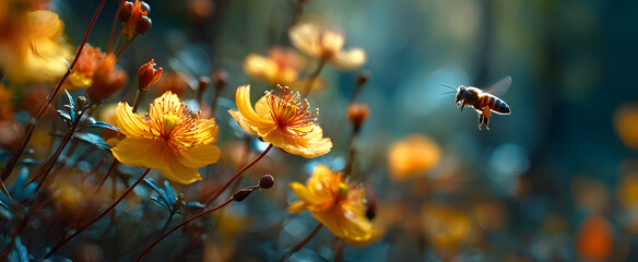 The bee hovering near vibrant yellow flowers in a sunny garden scene.
