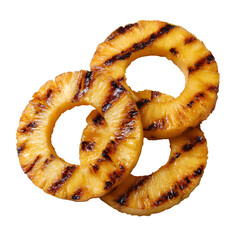 Several grilled pineapple chunks on a skewer with smoky effect on transparent background PNG