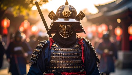 Samurai Warrior in Full Armor with Walking in Historic Japanese City, and Sunset Glow.