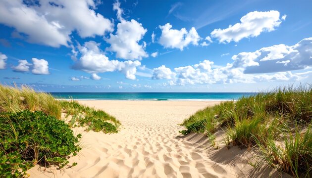 Sandy path to ocean beach under blue sky and fluffy clouds with sunny day in paradise.