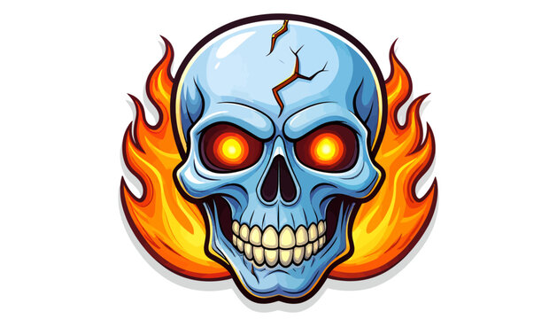 Cartoon skull with glowing orange eyes surrounded by stylized flames on a white background.