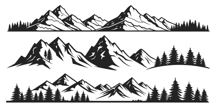 Black and white monochrome mountain range set with coniferous forest silhouettes for outdoor adventure and nature themed designs