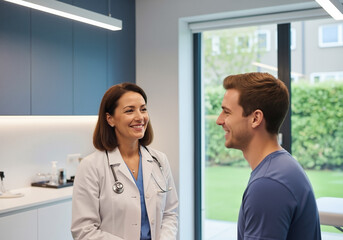 Fototapeta premium Friendly female doctor with a stethoscope consults with a smiling young male patient in a bright, modern medical office